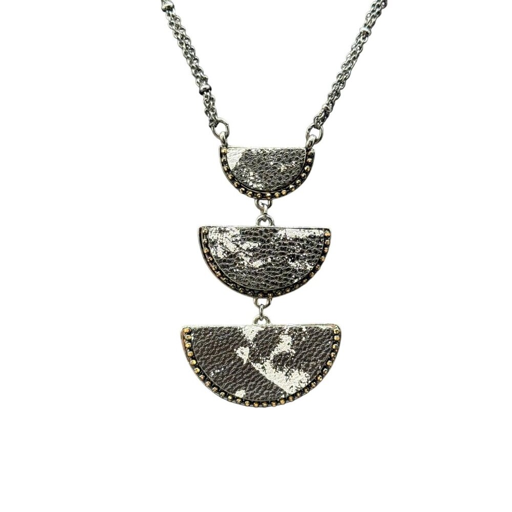 Black & Silver Triple Half-Moon Pendant Necklace With Rhinestone Accents On Mult